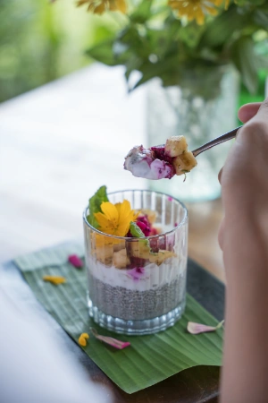 Chia pudding breakfast at Dejama Resort, Lombok